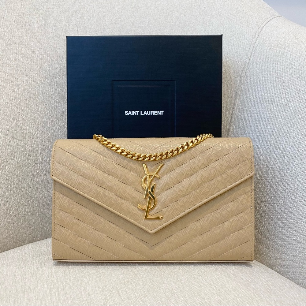 Saint Laurent Monogram Chain Wallet Nude Powder